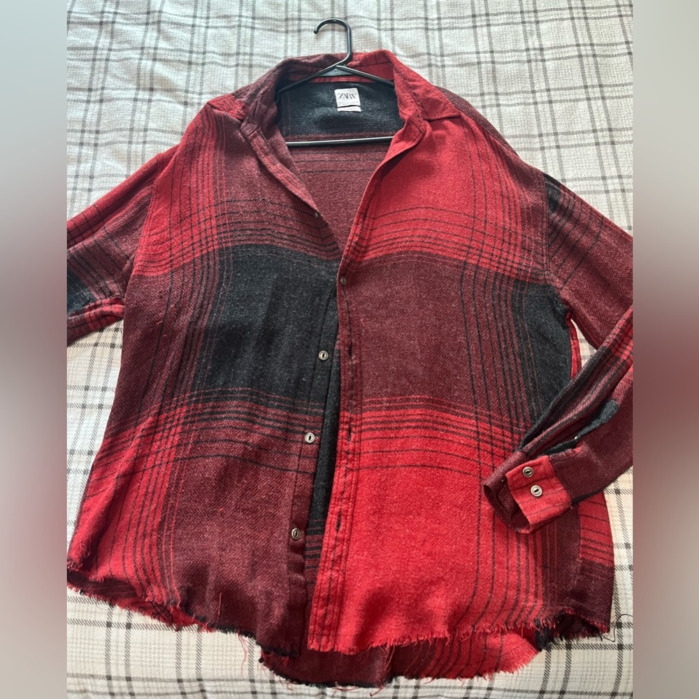 Zara super soft long red‎ black flannel shirt hobo